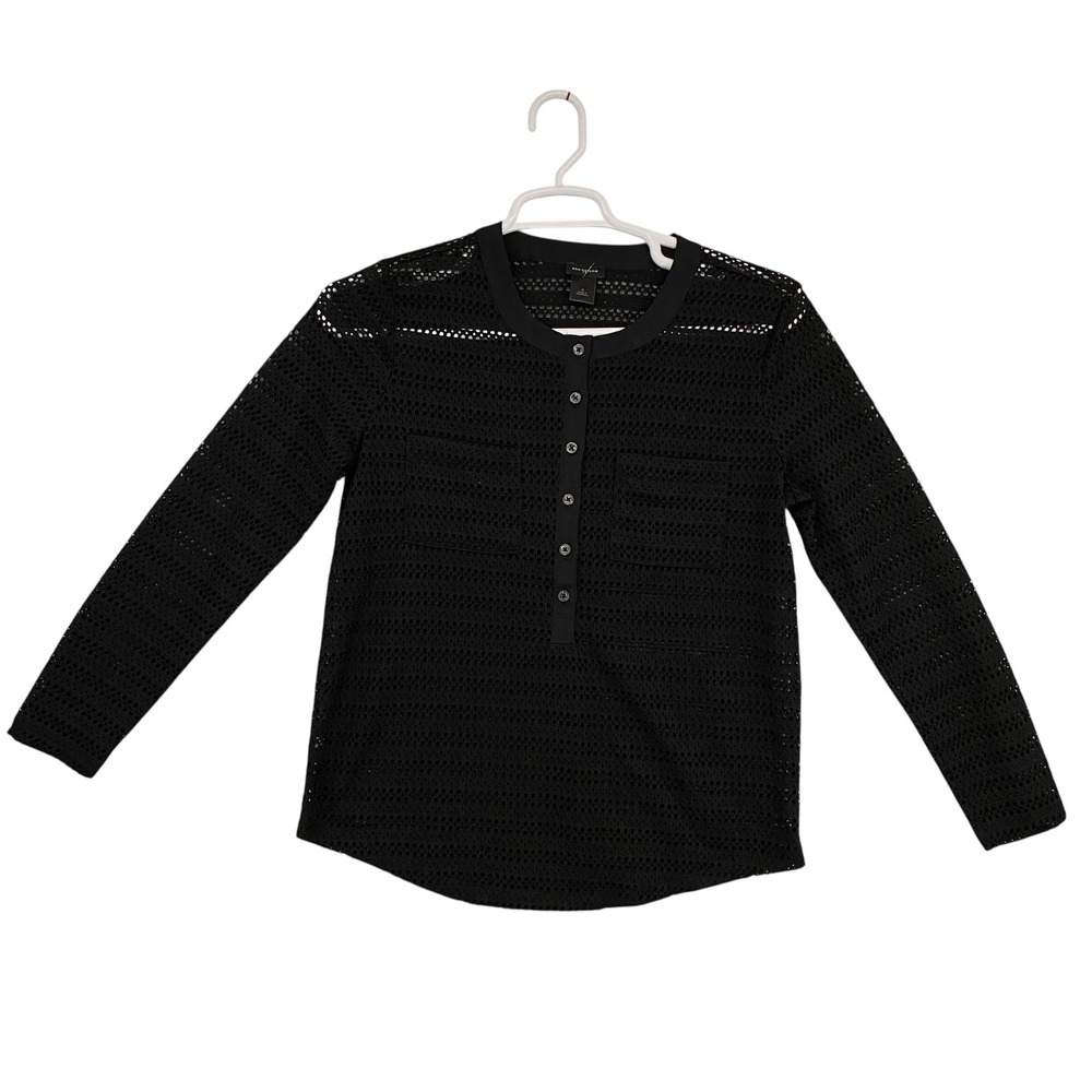 Ann Taylor Black Open Knit Eyelet‎ Henley Long Sleeve Top Womens Medium NWOT